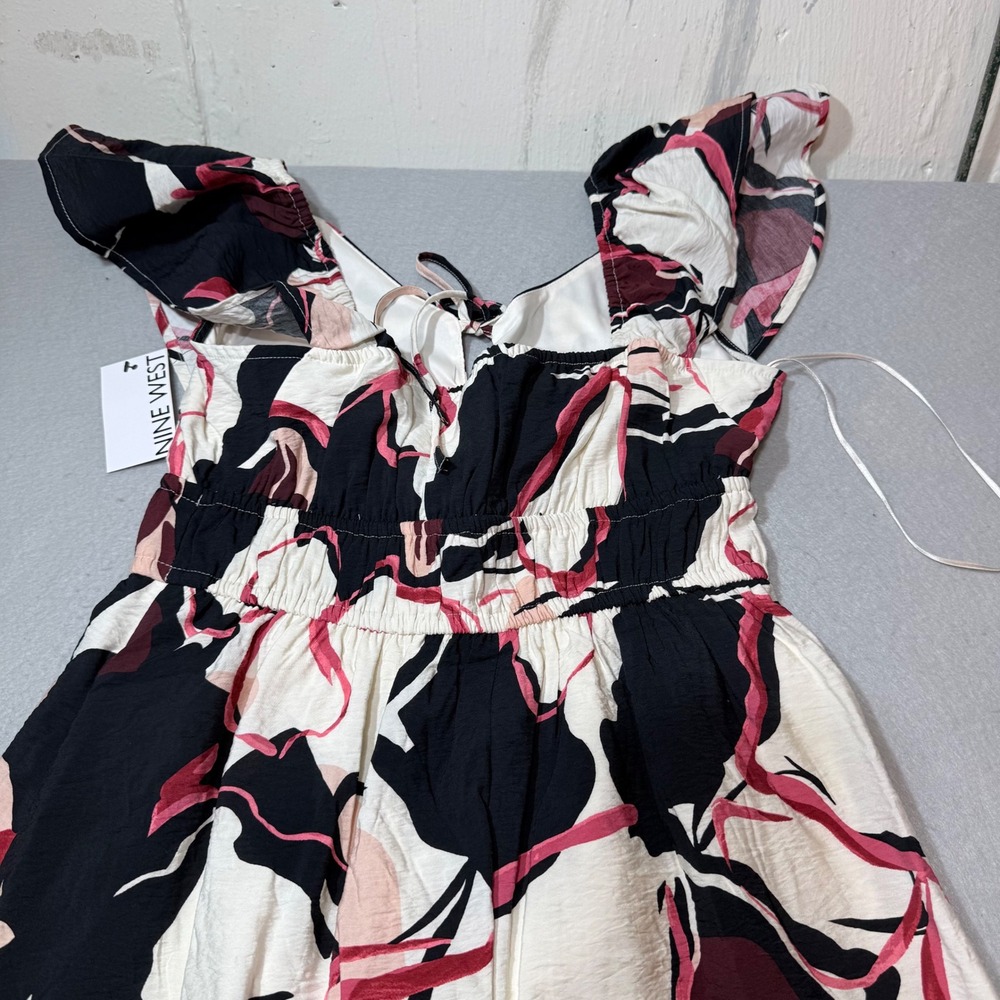 Nine West Smocked Bodice Flutter Sleeve Maxi Dress Abstract Floral Print M NWT